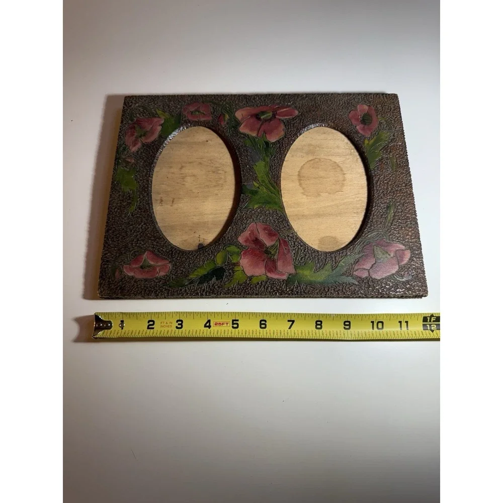 Antique Flemish Art Double Oval Photo Frame Poppy Floral Wall Hanging 12x9